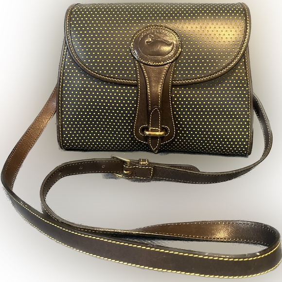 *RARE* Vintage Dooney & Bourke Essex Navy Blue & Yellow Polka Dot Crossbody Bag - Picture 1 of 17